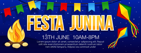 Festa junina banner with traditional paper bonfire, flags and Sky lanterns. Vector banner. Latin American holiday. Brazil Festivalのイラスト素材