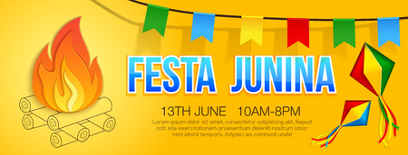 Festa junina banner with traditional paper bonfire, flags and Sky lanterns. Vector banner. Latin American holiday. Brazil Festivalのイラスト素材