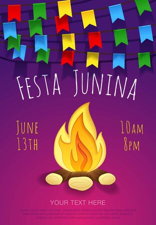 Festa junina poster with traditional paper bonfire and colorful flags. Vector banner. Latin American holiday. Brazil Festivalのイラスト素材