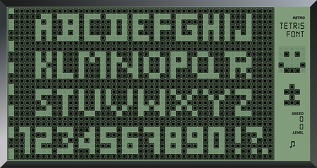 Retro tetris font. 8 bit letters and numbers. Old pixel game design. Tetris Made Alphabet ABC.のイラスト素材