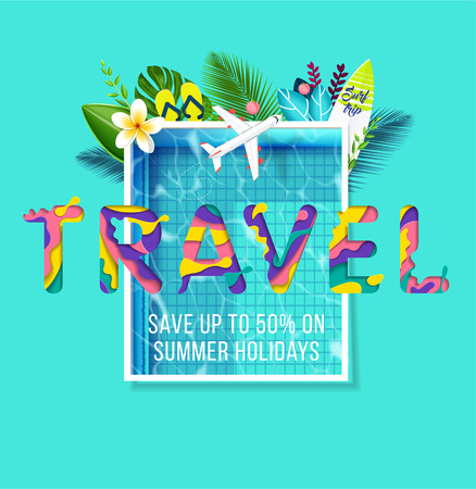 Abstract poster with a swimming pool in the frame, exotic leaves and flowers. Word travel in paper cut style.のイラスト素材
