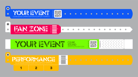 Set of bracelets for entrance to the event. Live performance entrance vector bracelets templates. Dance, Music or Concerts. entrance to fan zoneのイラスト素材