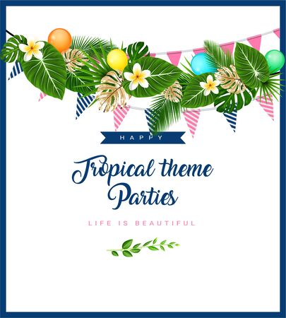 Poster or Invitation card with tropical themed garland with palm leaves, flowers, flags and balloons.のイラスト素材