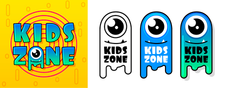 Kids Zone banner in cartoon style with a good jelly monster for children's playroom decoration, Children Playground.のイラスト素材