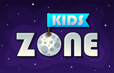 Kids Zone banner in cartoon style with planet and flag for children's playroom decoration, Children Playground.のイラスト素材