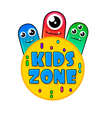 Kids Zone banner in cartoon style with a good jelly monster for children's playroom decoration, Children Playground.のイラスト素材