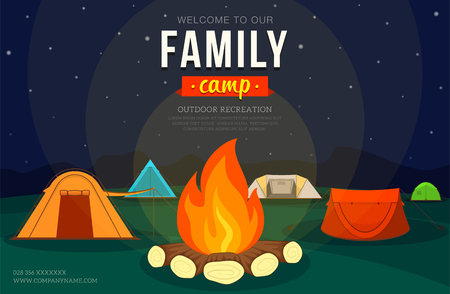 Poster with camping tent and campfire for family adventure camping. Vector illustration, flat styleのイラスト素材