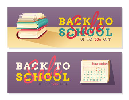 Two back to school banners with Pile of books and calendar. 50% sale and discountのイラスト素材