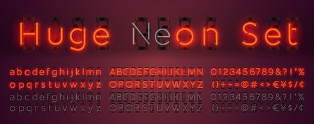 Mega huge neon set glowing alphabet with upper and lowercase letters, vector Font. Glowing text effect. On and Off lamp. Neon Numbers and punctuation marks. isolated on red background.のイラスト素材