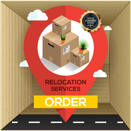 Relocation services concept. Carton boxes and big map pointer design.のイラスト素材