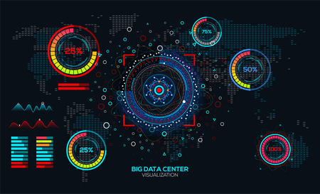 Abstract Big data visualization. Analysis of Information big data connection complex. Futuristic infographic. Information aesthetic design with diagram, dot map and loading bars.のイラスト素材