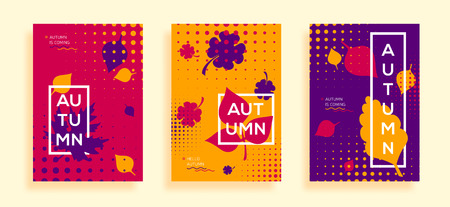 Collection of autumn retro poster template. Flat bright fall leaves. Poster, card, label, banner design set. Vector illustrationのイラスト素材