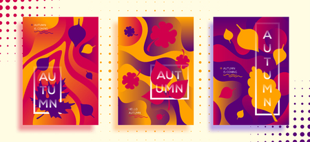 Collection of autumn retro poster template. Flat bright fall leaves. Poster, card, label, banner design set. Vector illustrationのイラスト素材