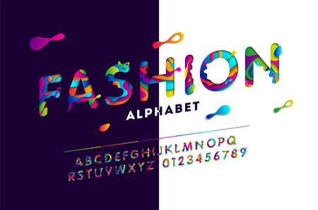Fashion stylized alphabet with colorful carved paper elements. Abstract paper cut font. Vector illustrationのイラスト素材
