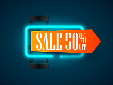 Sale banner with blue neon lights lamp and piece of paper for your offer text. retro sale and discount banner. Vector illustrationのイラスト素材