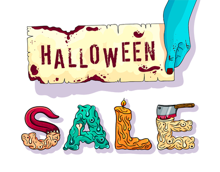 Halloween sale. Banner with lettering. Sale and discount! Vector illustrationのイラスト素材