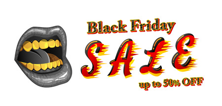 Black friday banner with Women mouth. Screaming sale. Vector illustration on white backgroundのイラスト素材
