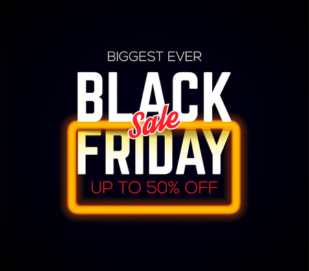Dark banner for Black Friday sale with neon light frame. Sale and discount. Concept of advertising for seasonal offer. Vector illustration.のイラスト素材