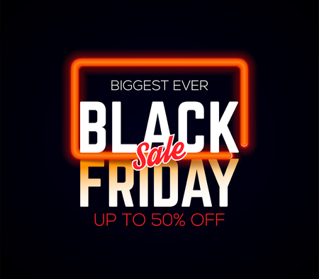 Dark banner for Black Friday sale with neon light frame. Sale and discount. Concept of advertising for seasonal offer. Vector illustration.のイラスト素材
