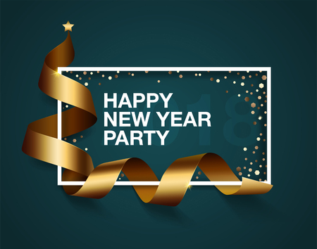 Happy new year party 2018; realistic gold ribbon; place for text in frame; confetti. Vector illustrationのイラスト素材