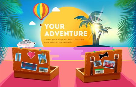Travel banner design with two suitcases that look at the sunset. Adventure. Concept of summer traveling. traveler suitcase. Summer party. Vectorのイラスト素材