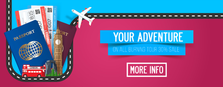 Colorful travel composition. Travel and Tourism banner. Road trip. Journey. Passport with tickets. Adventure time.のイラスト素材