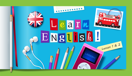 Concept of English language courses. Learn english word made with carved paper letters, pencils, mp3 player and headphones. Vector illustrationのイラスト素材