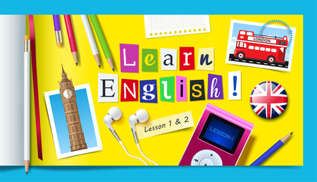 Concept of English language courses. Learn english word made with carved paper letters, pencils, mp3 player and headphones. Vector illustrationのイラスト素材