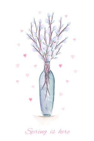 Spring is here hand drawn watercolor illustration. greeting card with watercolor pussy willow branches in the vase. Vector illustrationのイラスト素材