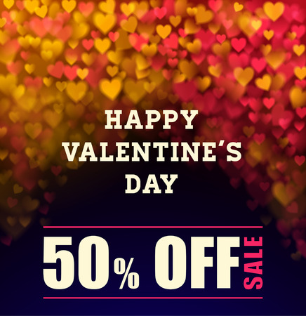 Valentines day sale background with blurred light hearts, sale and discount 50% in Valentines day holiday. vector illustrationのイラスト素材