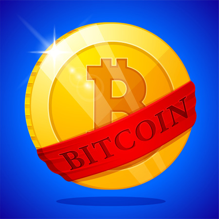 Flat gold bitcoin coin with red ribbon. Digital money. vector illustrationのイラスト素材