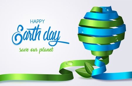 Happy Earth Day. Twirl green and blue ribbon in form earth globe. Ecology concept. Earth day banner template. Vector art and illustration.のイラスト素材
