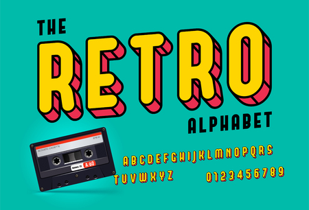 Slanted modern colorful retro font and alphabet. Retro Typography. Framed Outlined Typeface. Vector Sans Serif Font.のイラスト素材