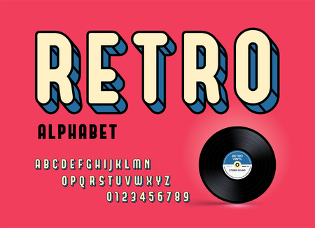 Modern colorful retro font and alphabet. Retro Typography. Framed Outlined Typeface. Vector Sans Serif Font.のイラスト素材