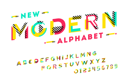 Stylish modern abstract italic font and alphabet with numbers. Vector colorful font from pieces of shapes and stripsのイラスト素材