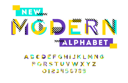 Stylish modern abstract font and alphabet with numbers. Vector colorful font from pieces of shapes and stripsのイラスト素材