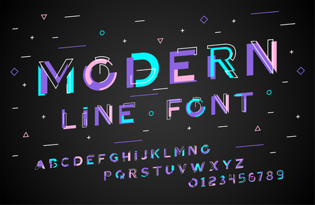 Stylish modern abstract italic font and alphabet with numbers. Vector colorful font from pieces of shapes and strips, game style.のイラスト素材