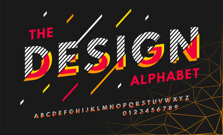Stylish modern abstract italic font and alphabet with numbers. Vector colorful font from pieces of shapes and strips.のイラスト素材