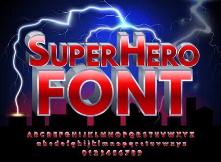 Superhero abstract font and alphabet with numbers. Colorful Comics Retro Typeface on night city background and lightnings. Vector Illustrationのイラスト素材