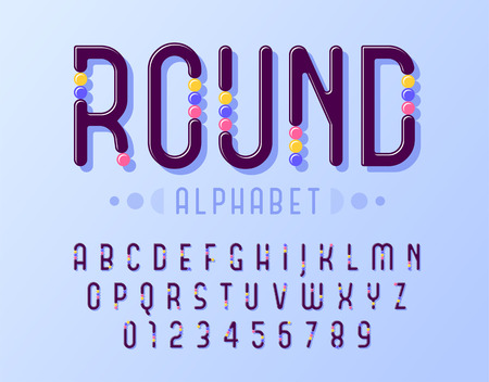 Rounded of stylized abstract alphabet and font with colorful round inserts similar to sweets.のイラスト素材