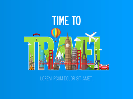 Time to travel inscription banner with famous landmarks.のイラスト素材