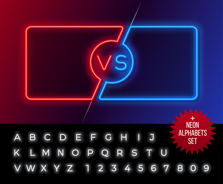 Neon frames for versus battle, sports and fight competition. Concept in neon style for two fighters with alphabet. Vector illustrationのイラスト素材