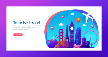 Travel banner design with famous landmarks in modern gradient style for travel or tourism website. Vector illustrationのイラスト素材