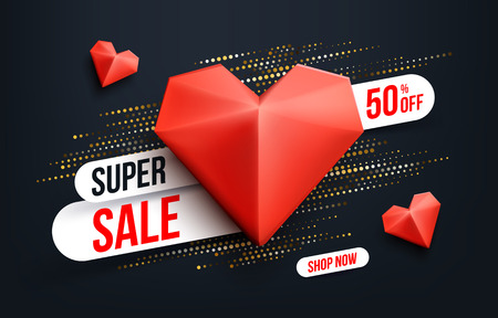 Abstract super sale banner with gold halftone glitter effect for special offers, sales and discounts. Promotion and shopping template for Valentines day 50% offのイラスト素材