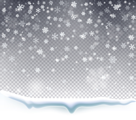Magic Christmas snowfall. Falling snow on a transparent background. Winter snowstorm backdrop. Vector illustrationのイラスト素材