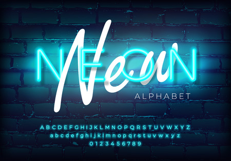 Azure neon set glowing alphabet with numbers. Isolated luminescent font on brick wall background. Vector illustrationのイラスト素材