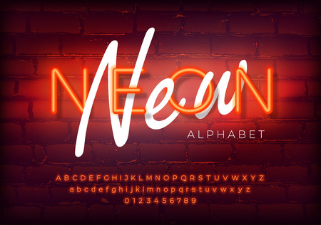 Red neon set glowing alphabet with numbers. Isolated luminescent font on brick wall background. Vector illustrationのイラスト素材