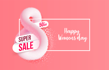 International women's day greeting card made in form of realistic pink fluffy tinsel.  8 March holiday background for super sale and discount. Vector illustrationのイラスト素材