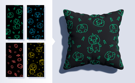 Set of Kawaii seamless pattern with cute pigs. 3d pillow mockup. Vector illustrationのイラスト素材