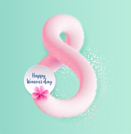 International women's day greeting card made in form of realistic pink fluffy tinsel.  8 March holiday background. Vector illustrationのイラスト素材